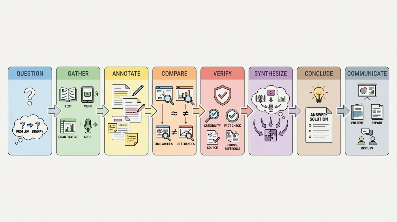 step-by-step source integration process with boxes labeled question, gather, annotate, compare, verify, synthesize, conclude, communicate