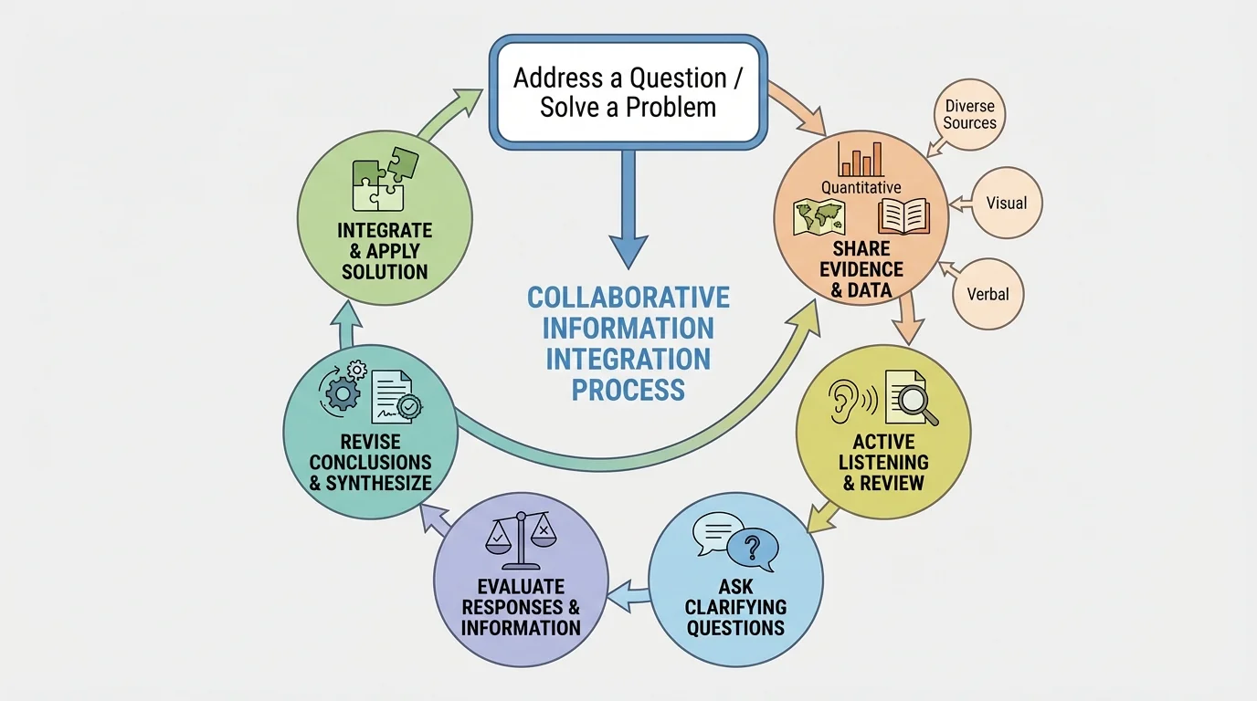 collaborative discussion process showing question, evidence sharing, active listening, asking clarifying questions, evaluating responses, and revising conclusions