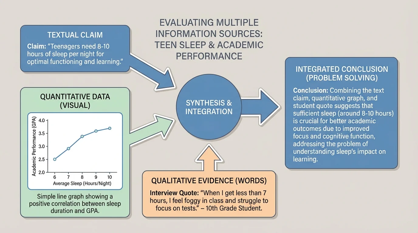 connected visual showing a teen sleep claim in text, a simple line graph of sleep hours and academic performance, and a student interview quote linked by arrows