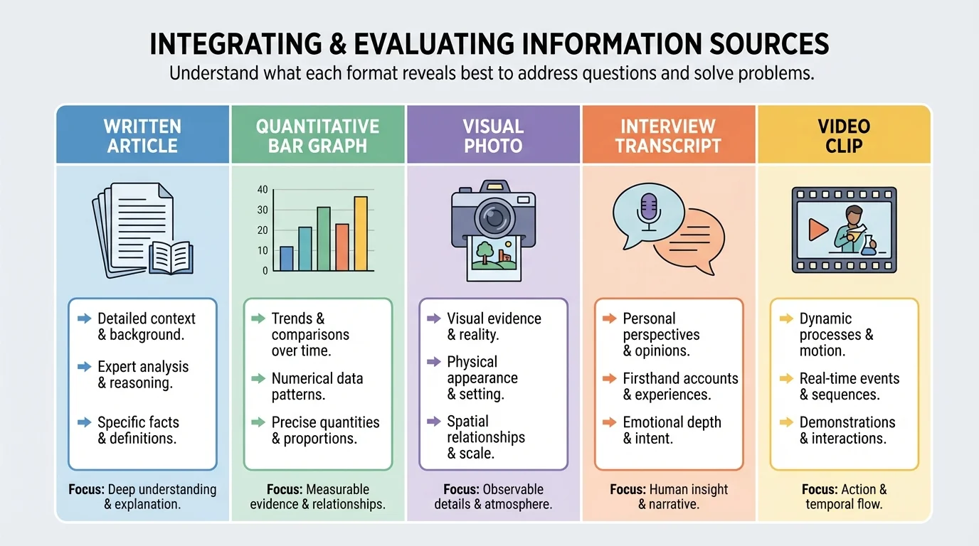 comparison chart showing article, bar graph, photo, interview transcript, and video clip icons with short labels for what each source format reveals best