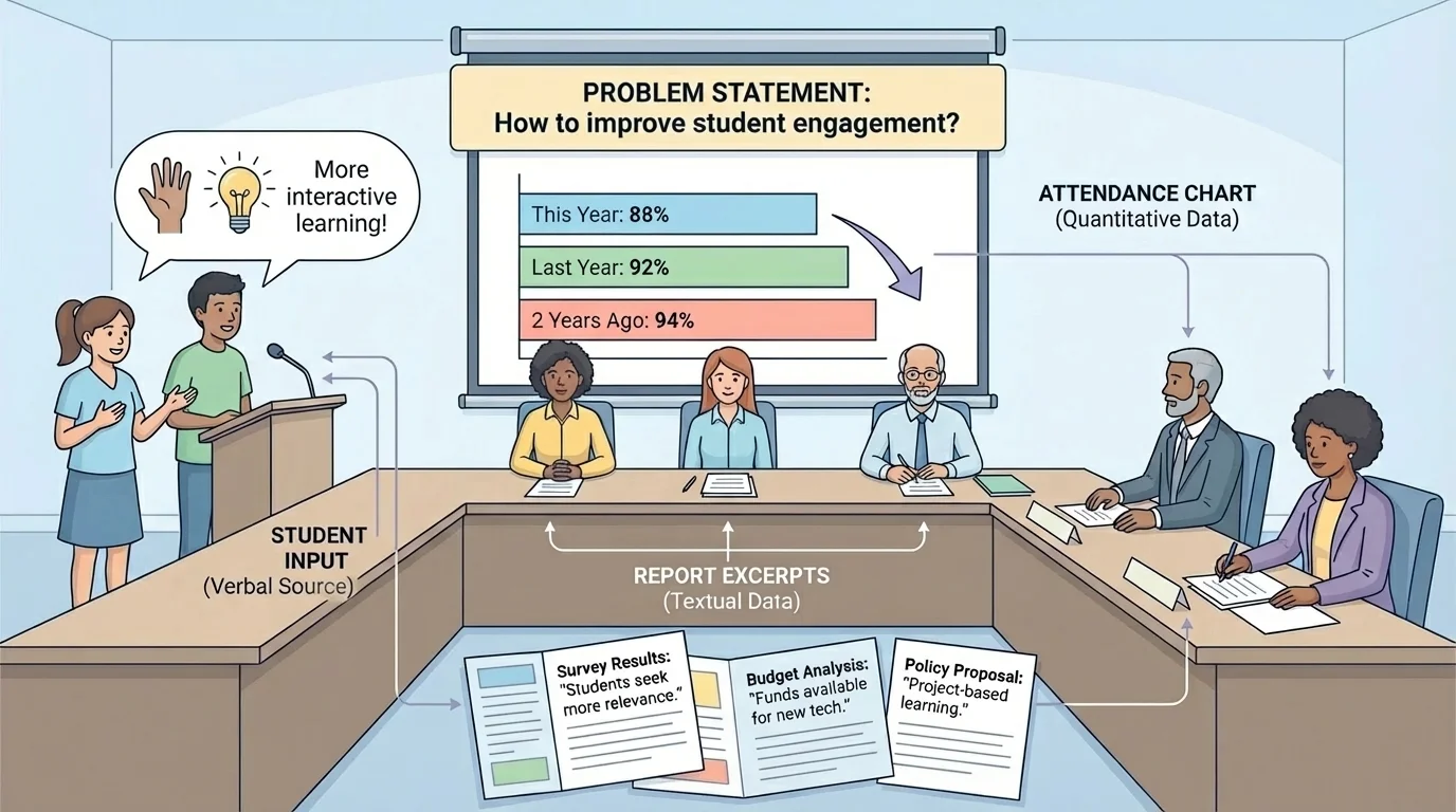 school board meeting scene with an attendance chart on screen, students speaking at microphones, and report excerpts on desks being considered together
