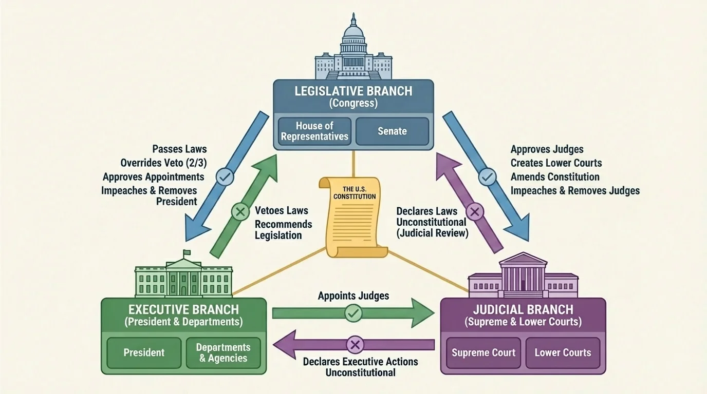 diagram of legislative executive and judicial branches with arrows showing checks and balances