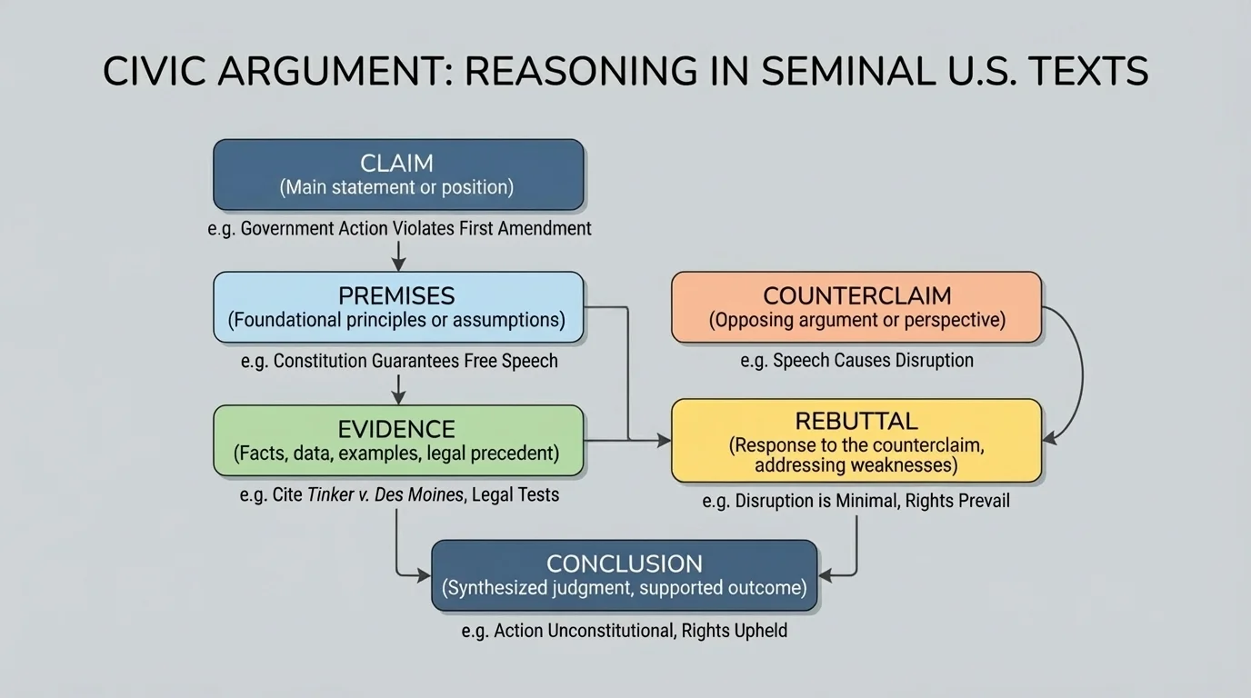 flowchart showing claim, premises, evidence, counterclaim, rebuttal, and conclusion in a civic argument