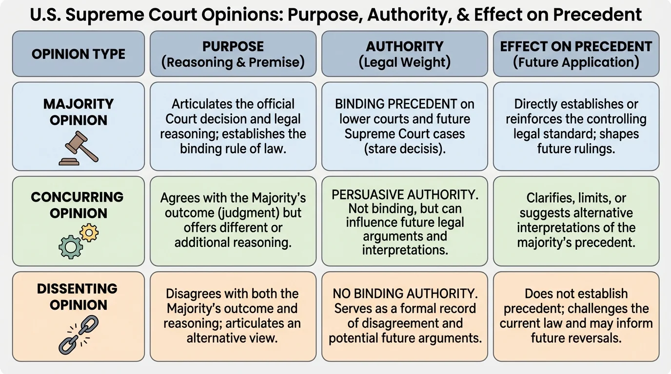 chart comparing majority concurring and dissenting opinions by purpose authority and effect on precedent