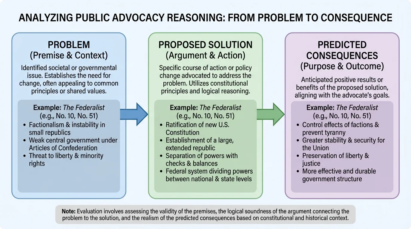 flowchart tracing a public advocacy argument from problem to proposed solution to predicted consequences
