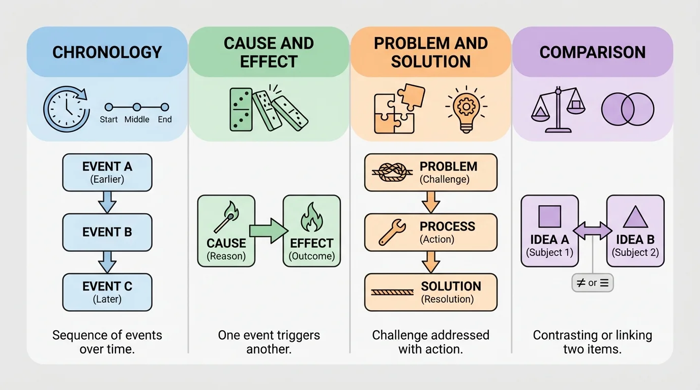 chart with columns for chronology, cause and effect, problem and solution, and comparison, each with a short visual cue and sample relationship arrows