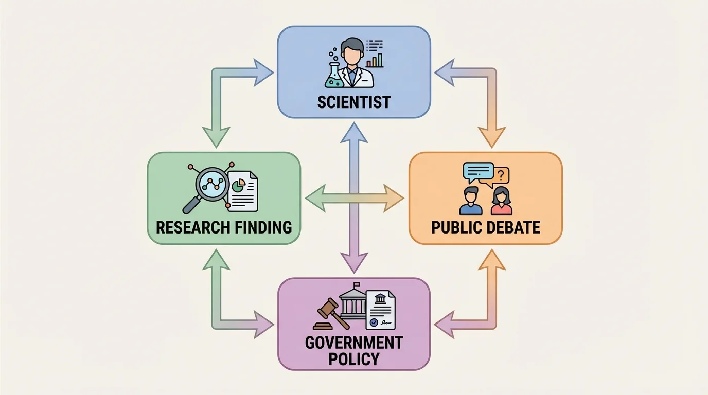 flowchart linking scientist, research finding, public debate, and government policy with arrows showing influence in both directions