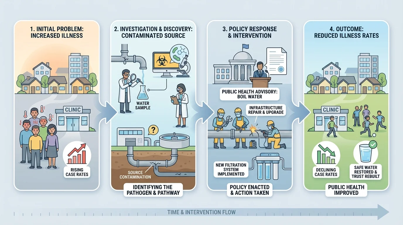 timeline of a public health investigation showing initial problem, discovery of contaminated water, policy response, and reduced illness rates