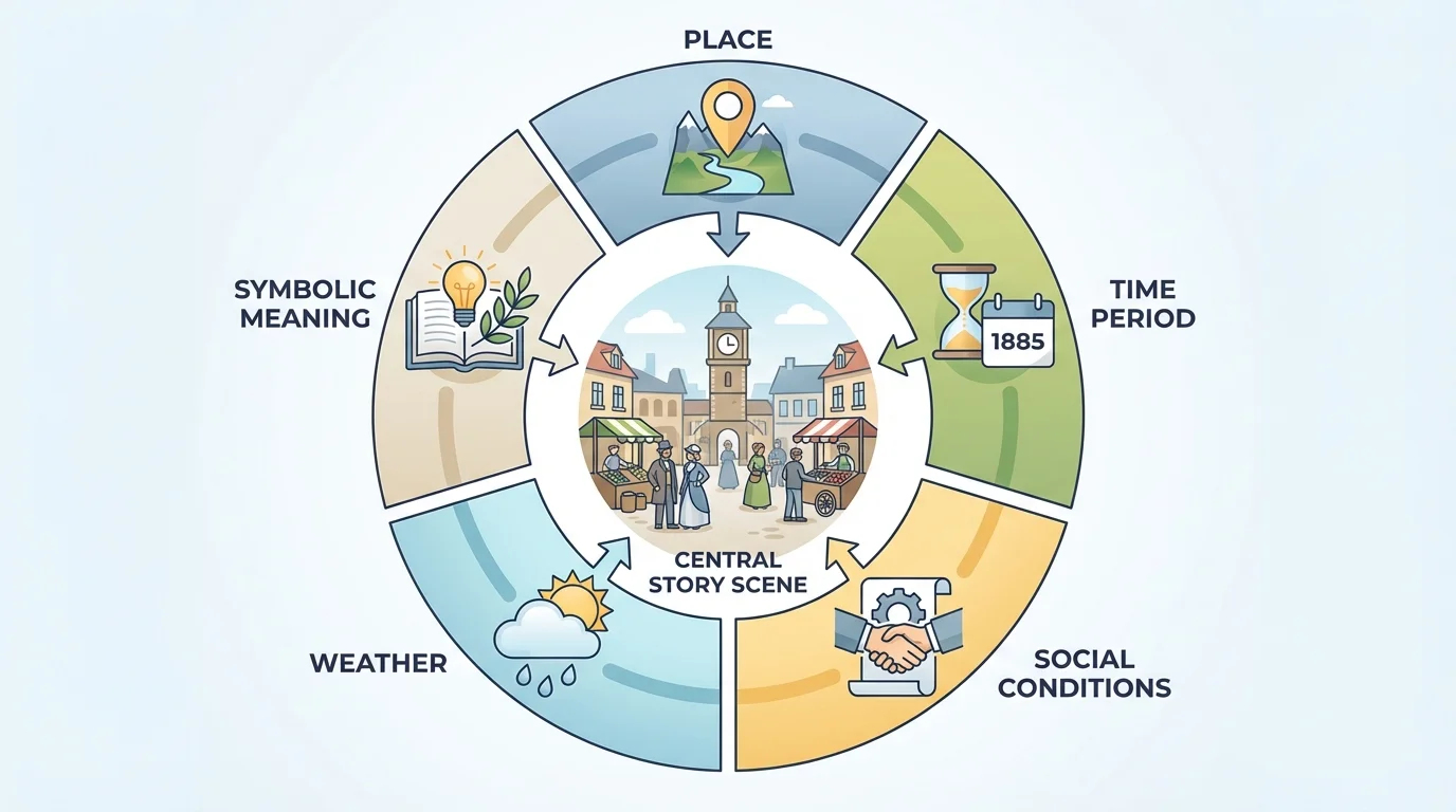 layered story setting diagram with a central scene surrounded by labels for place, time period, social conditions, weather, and symbolic meaning