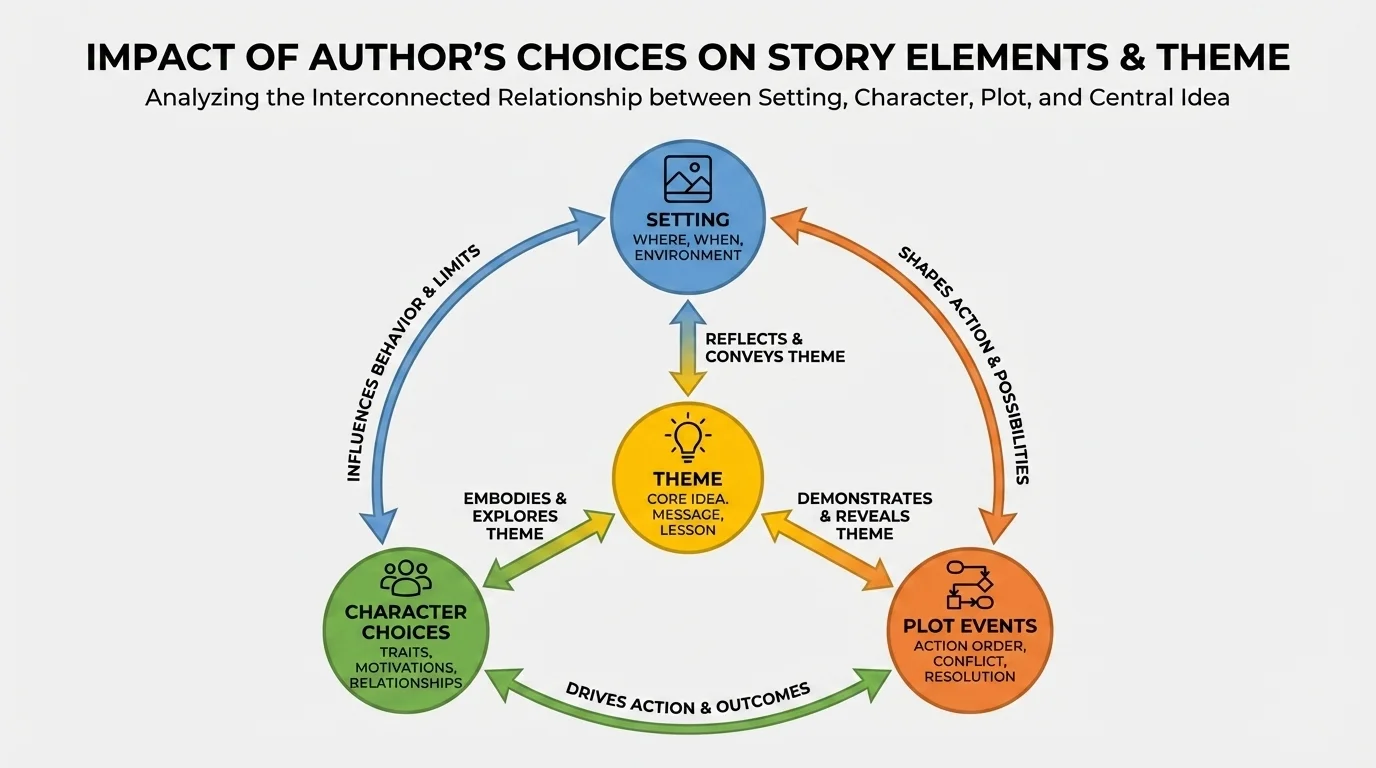 triangle linking setting, character choices, plot events, and theme with arrows showing mutual influence