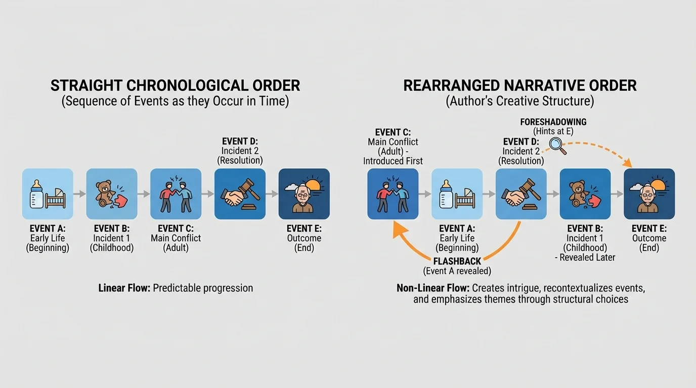 side-by-side comparison with one line showing events in straight time order and another showing the same events rearranged with flashback and foreshadowing markers