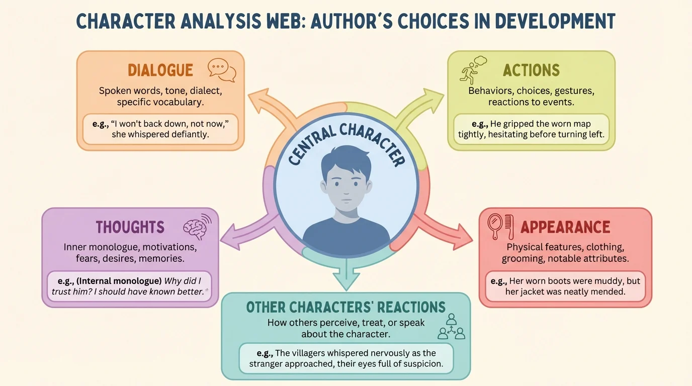 character web with a central character connected to labels for dialogue, actions, thoughts, appearance, and other characters' reactions