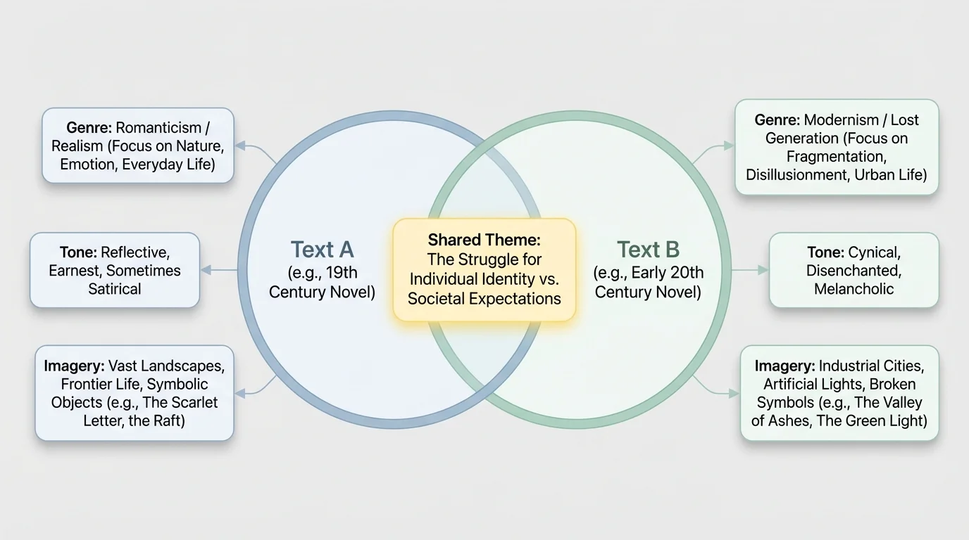 Diagram with two circles labeled Text A and Text B, overlapping around a central box labeled Shared Theme; outer boxes note differences in genre, tone, and imagery