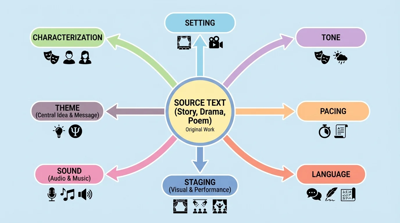 chart showing source text in center with branches to characterization, setting, tone, pacing, language, staging, sound, and theme
