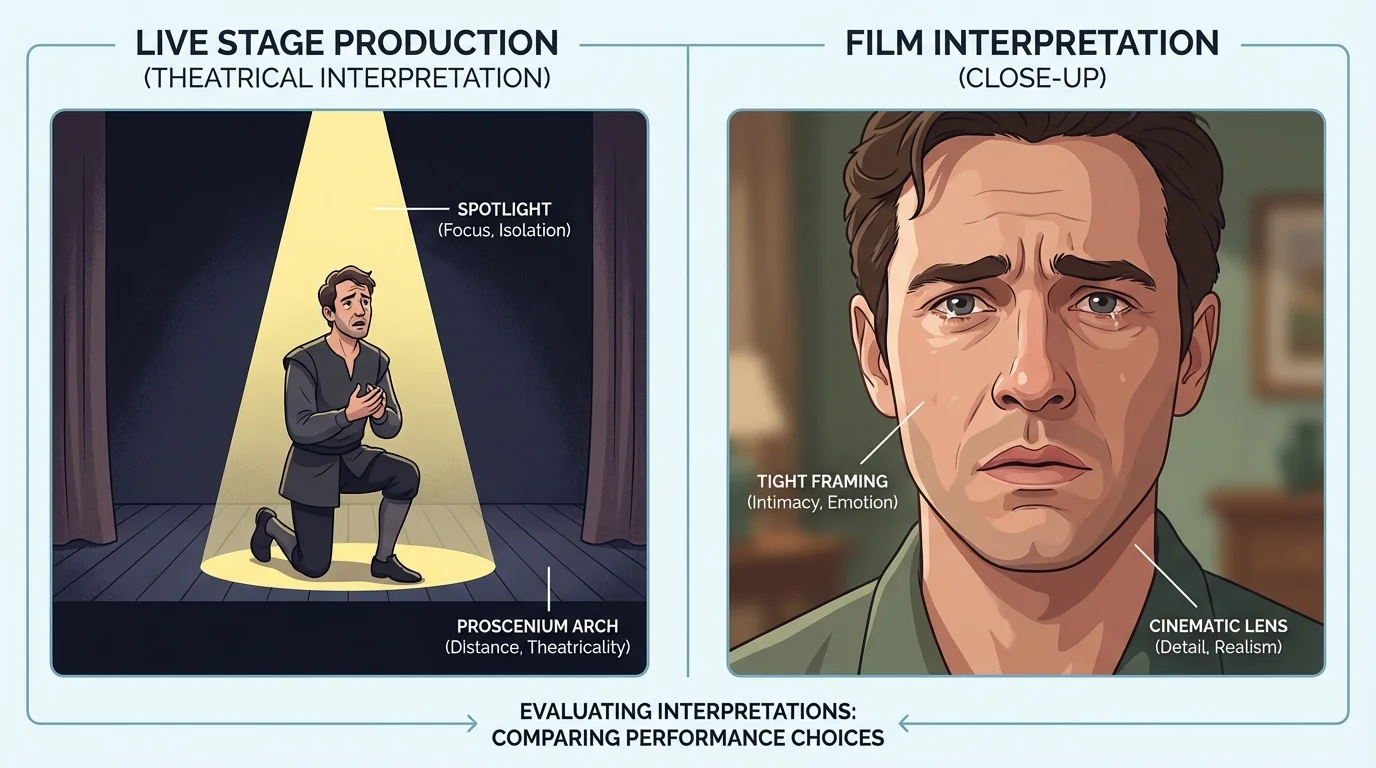 side-by-side illustration of a lone actor on a dark stage under spotlight and a film actor in close-up during the soliloquy