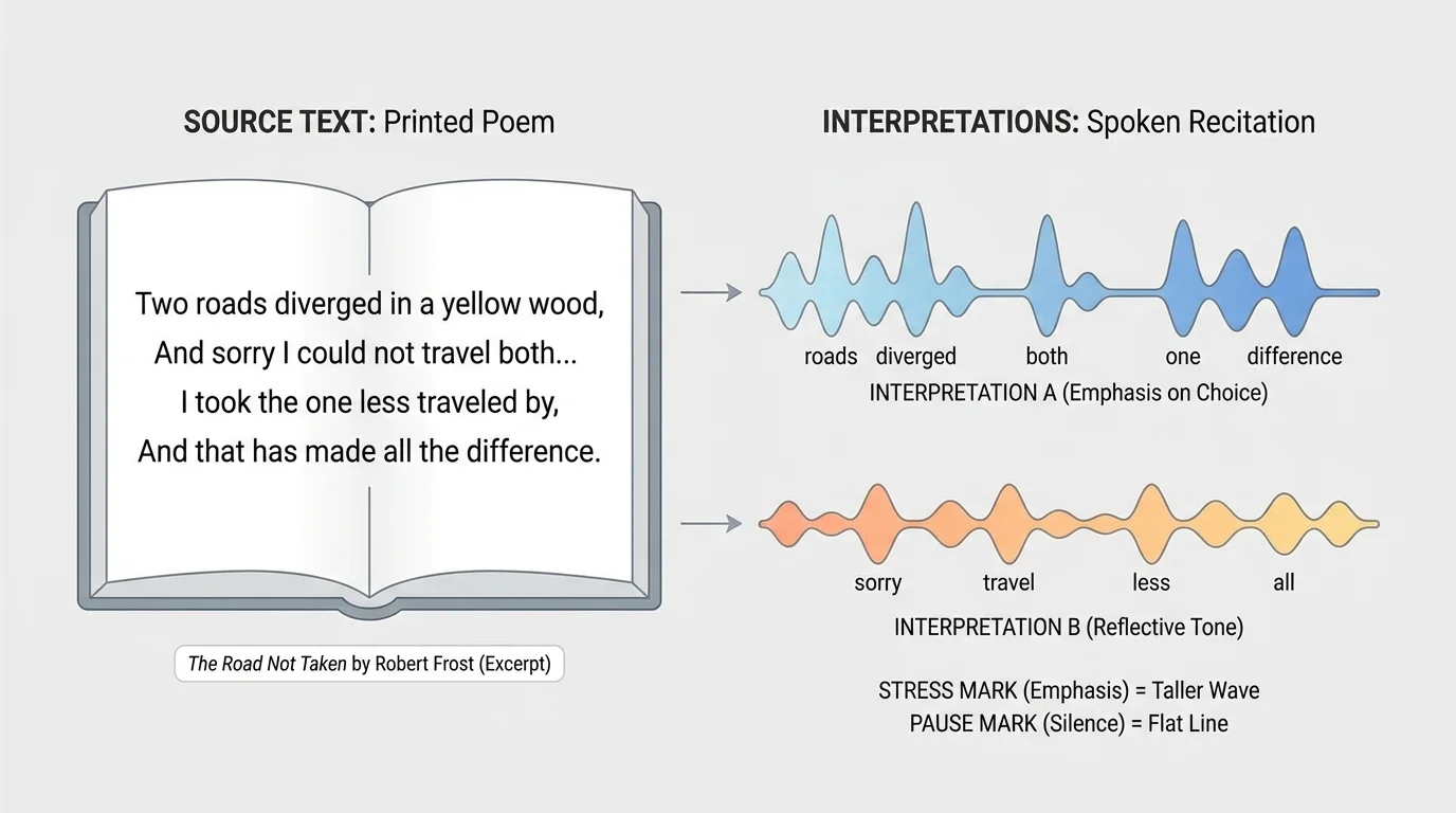 diagram showing a short printed poem on one side and waveform-like pause and stress marks on the other to compare reading and recitation