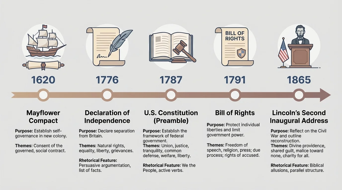 timeline showing 1620 Mayflower Compact, 1776 Declaration of Independence, 1787 Constitution, 1791 Bill of Rights, 1865 Lincoln's Second Inaugural Address