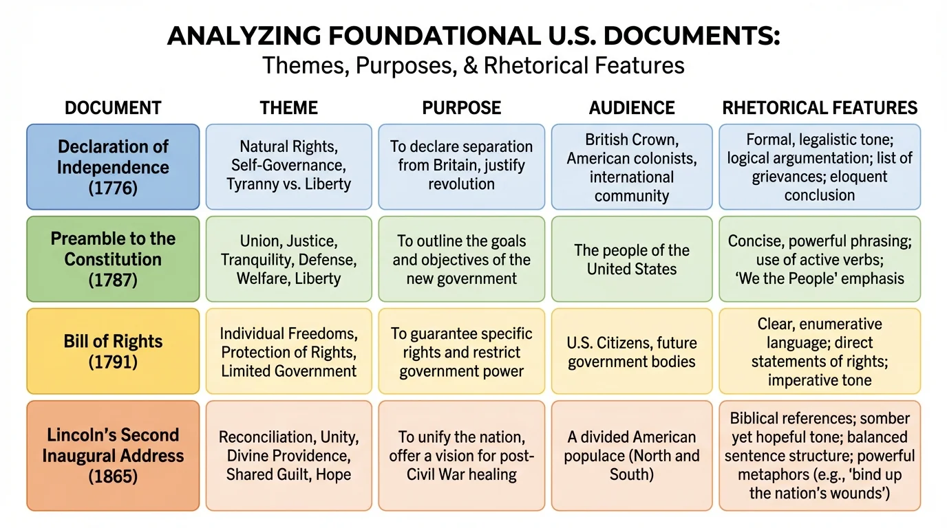 chart comparing Declaration of Independence, Preamble, Bill of Rights, and Lincoln's Second Inaugural Address by theme, purpose, audience, and rhetoric