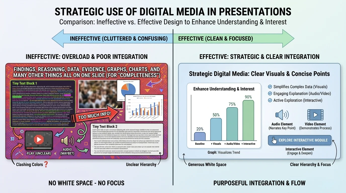 side-by-side comparison of two presentation slides, one cluttered with tiny text, many colors, and crowded images, and one clean with a clear title, one graph, short bullet points, and generous white space