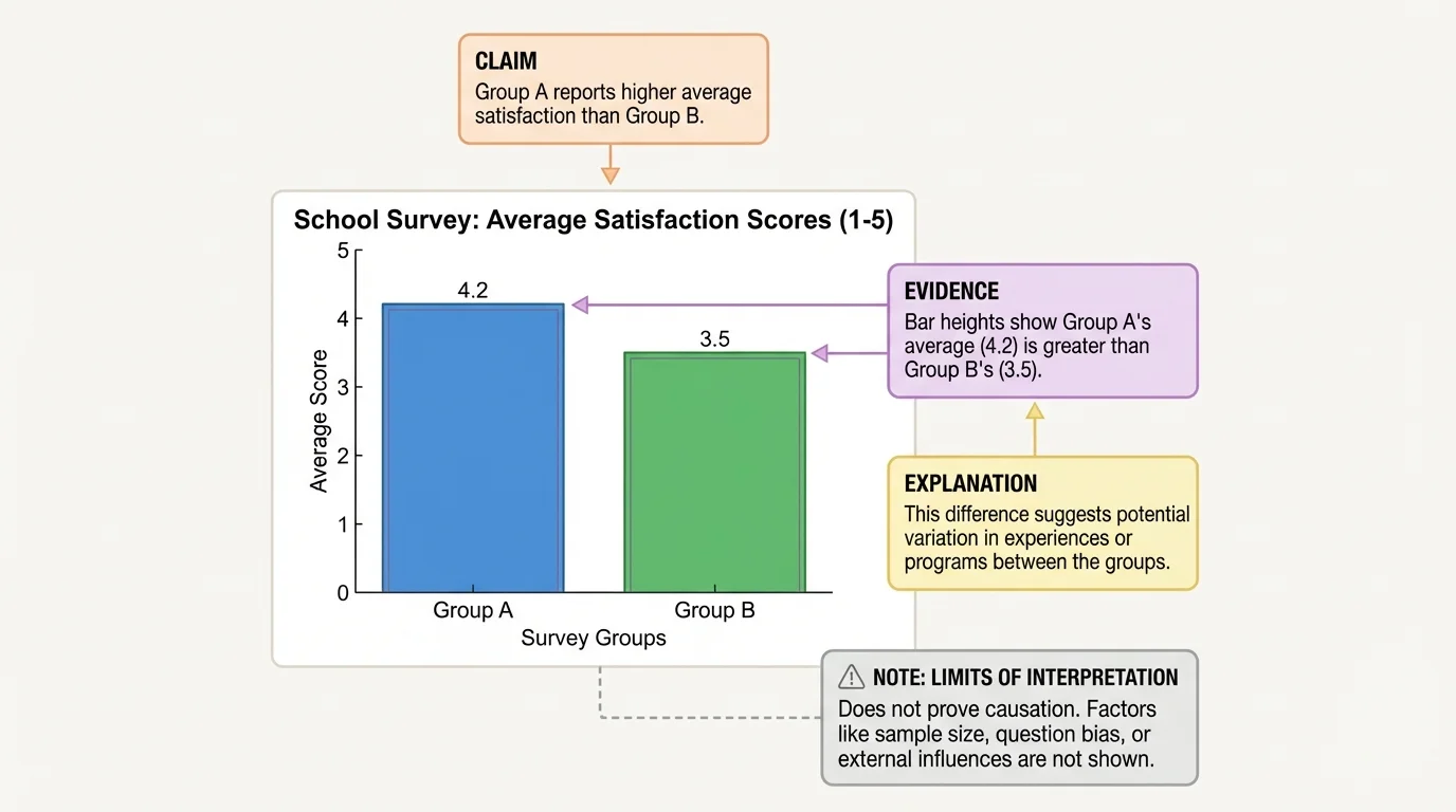 bar chart of school survey results comparing groups, with simple callouts labeling claim, evidence, explanation, and a note about limits of interpretation