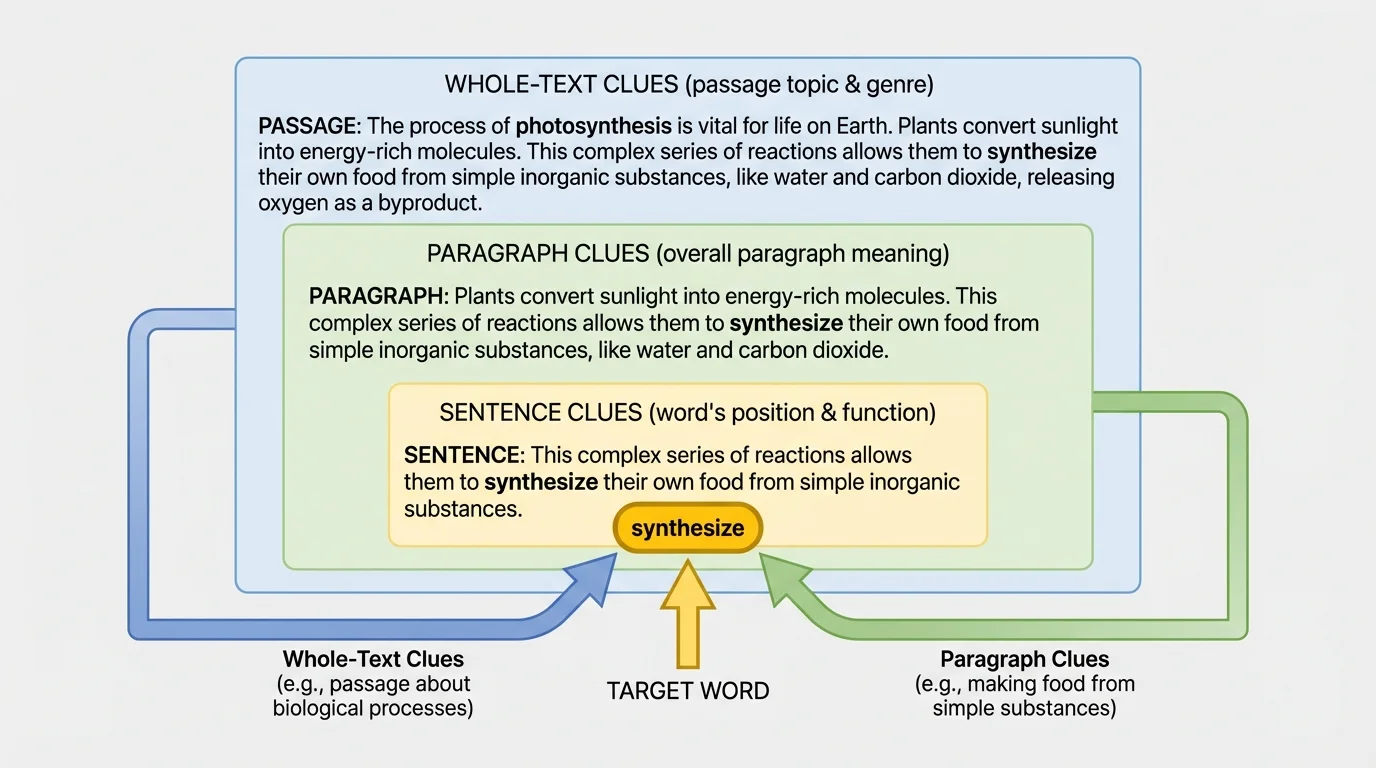 Diagram showing a target word highlighted inside a sentence, the sentence inside a paragraph, and the paragraph inside a full passage, with arrows labeling sentence clues, paragraph clues, and whole-text clues