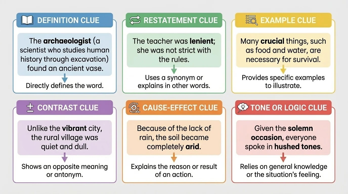 Chart comparing context clue types with concise examples: definition, restatement, example, contrast, cause-effect, and tone or logic clues