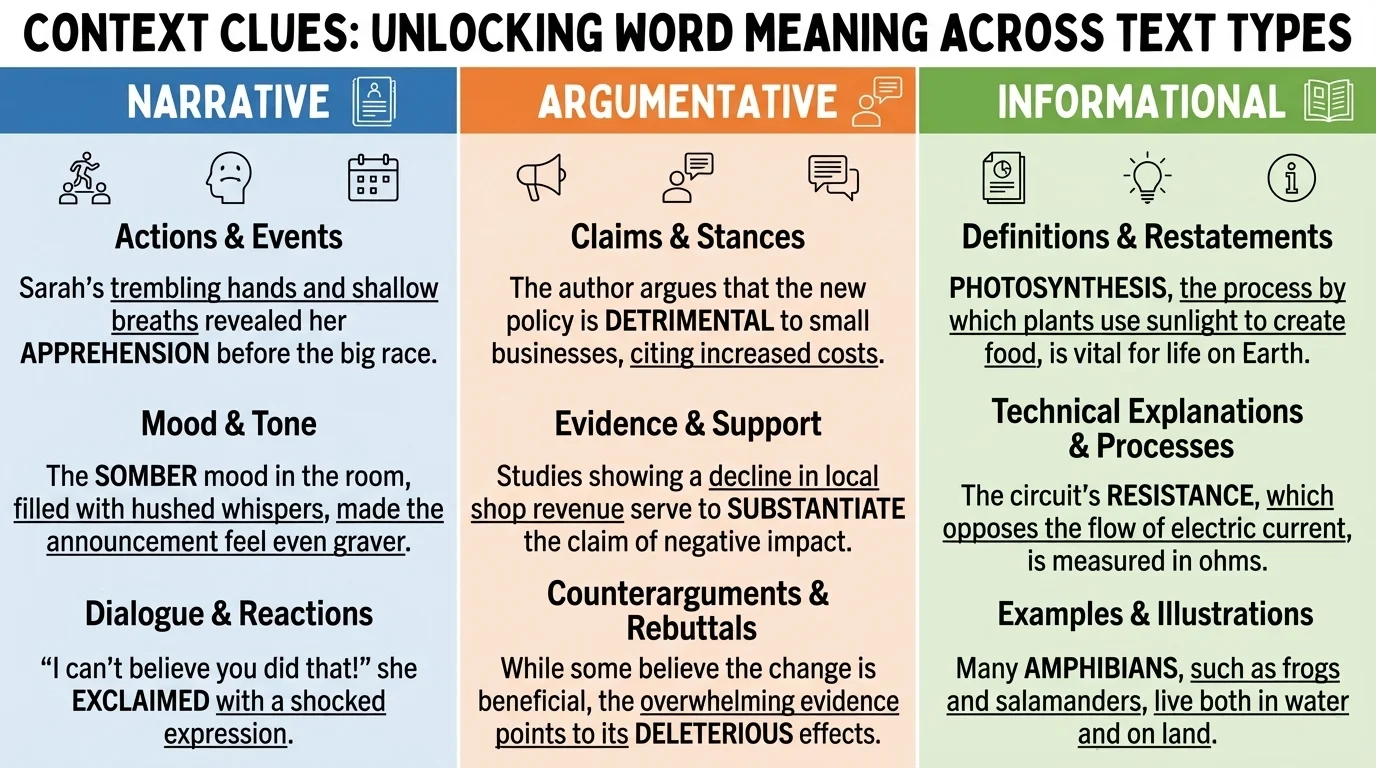 Chart with three columns labeled narrative, argumentative, and informational, each listing typical context clues such as actions and mood, claims and evidence, and definitions and technical explanation