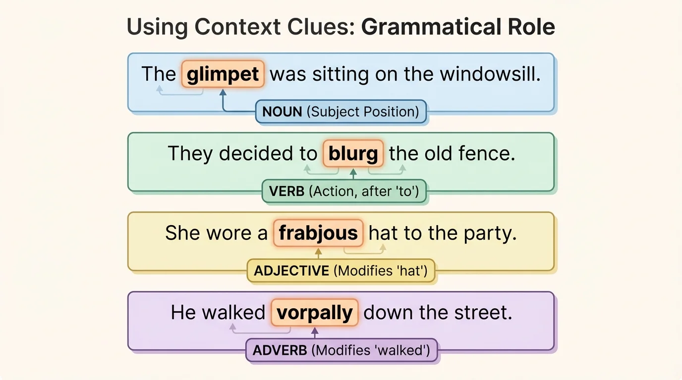 Diagram of four sample sentences with one unknown word highlighted in each, labeled by grammatical role: noun, verb, adjective, and adverb based on position in the sentence