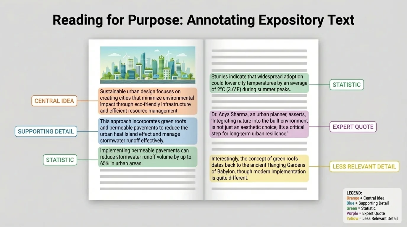 annotated article page highlighting central idea, supporting details, statistic, expert quote, and a less relevant detail in different colors