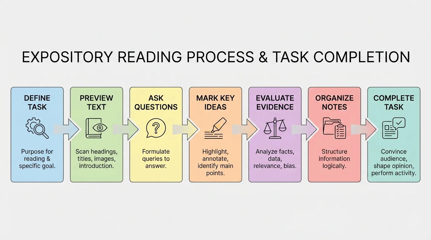 flowchart of a reading process with steps: define task, preview text, ask questions, mark key ideas, evaluate evidence, organize notes, complete task