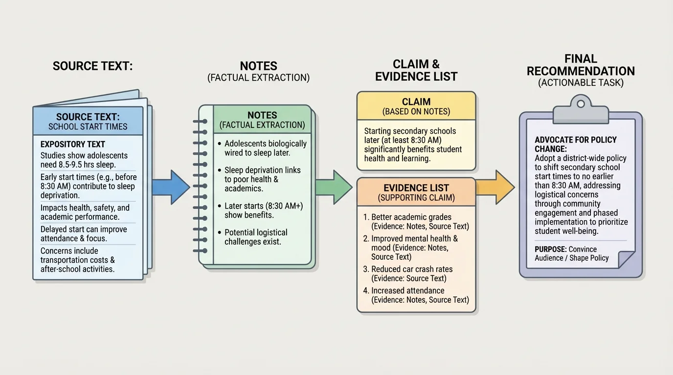 chart showing one source text on school start times transformed into notes, then into a claim, evidence list, and final recommendation