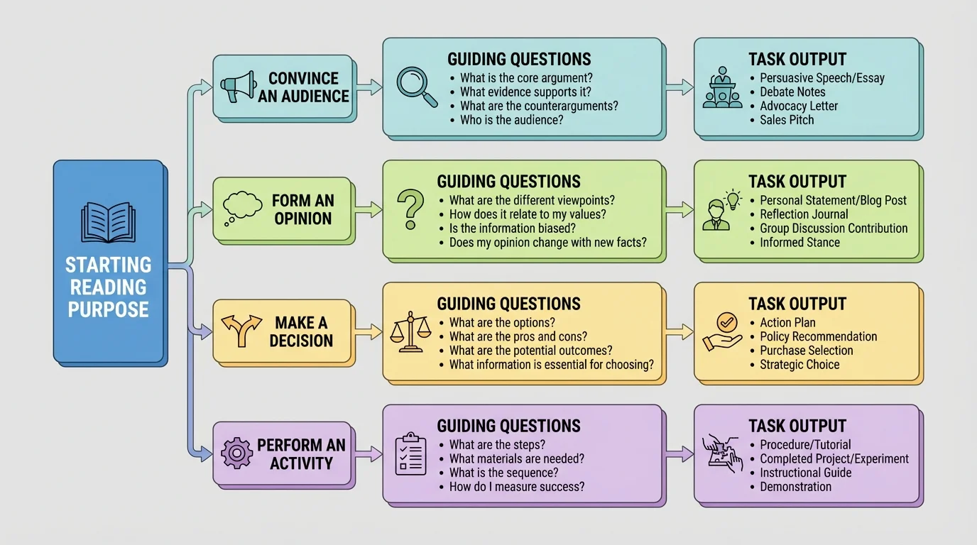 flowchart showing four reading purposes—convince an audience, form an opinion, make a decision, perform an activity—each connected to different guiding questions and outputs