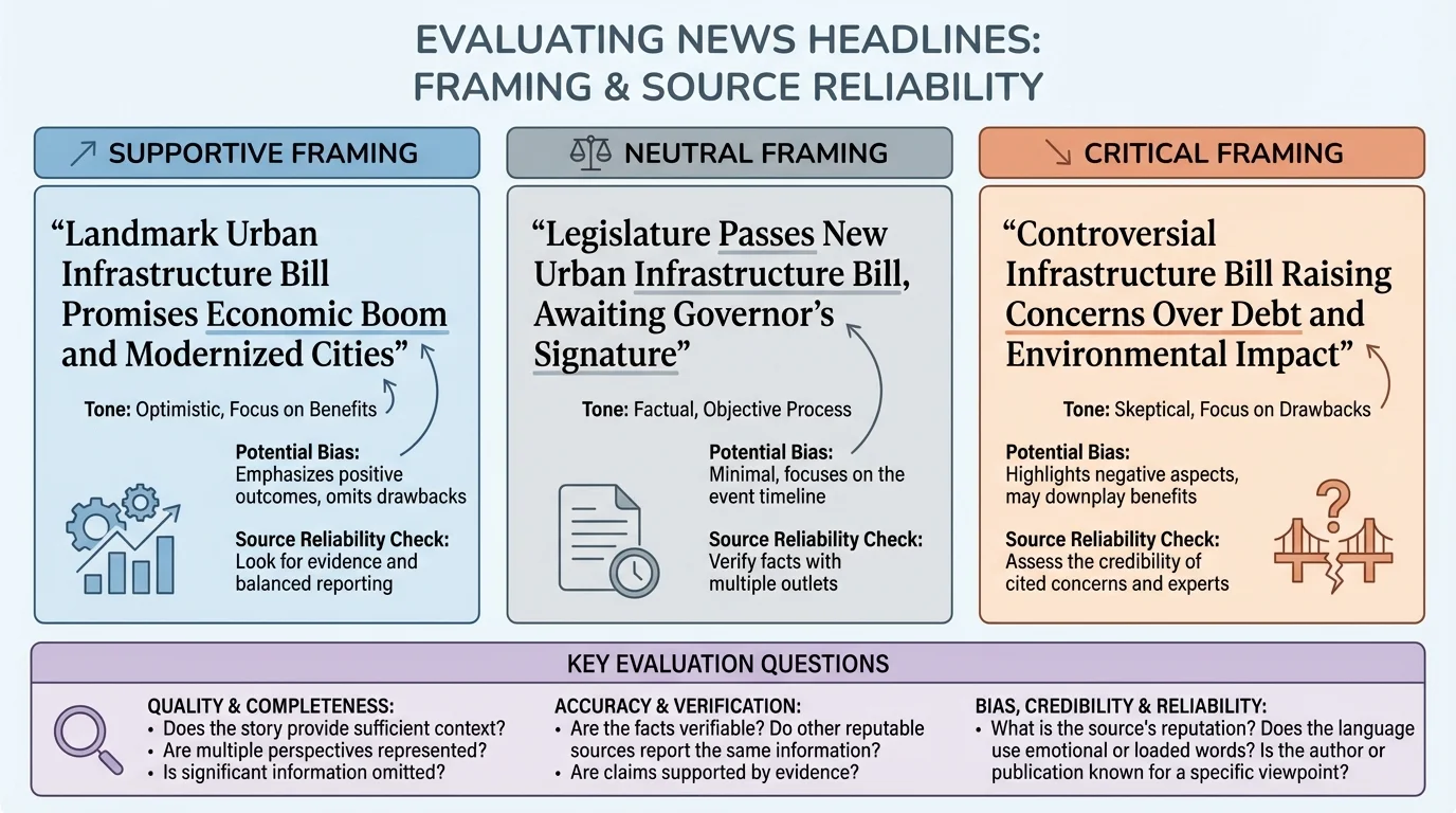 three news-style headlines about the same public policy event with differing tone such as supportive, neutral, and critical framing