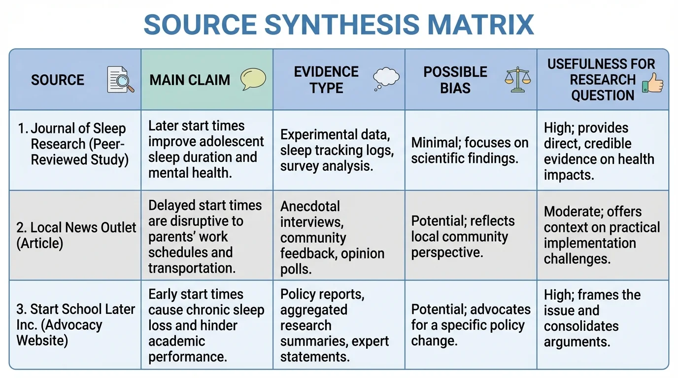 source synthesis matrix with columns for source, main claim, evidence type, possible bias, and usefulness for answering a research question about school start times