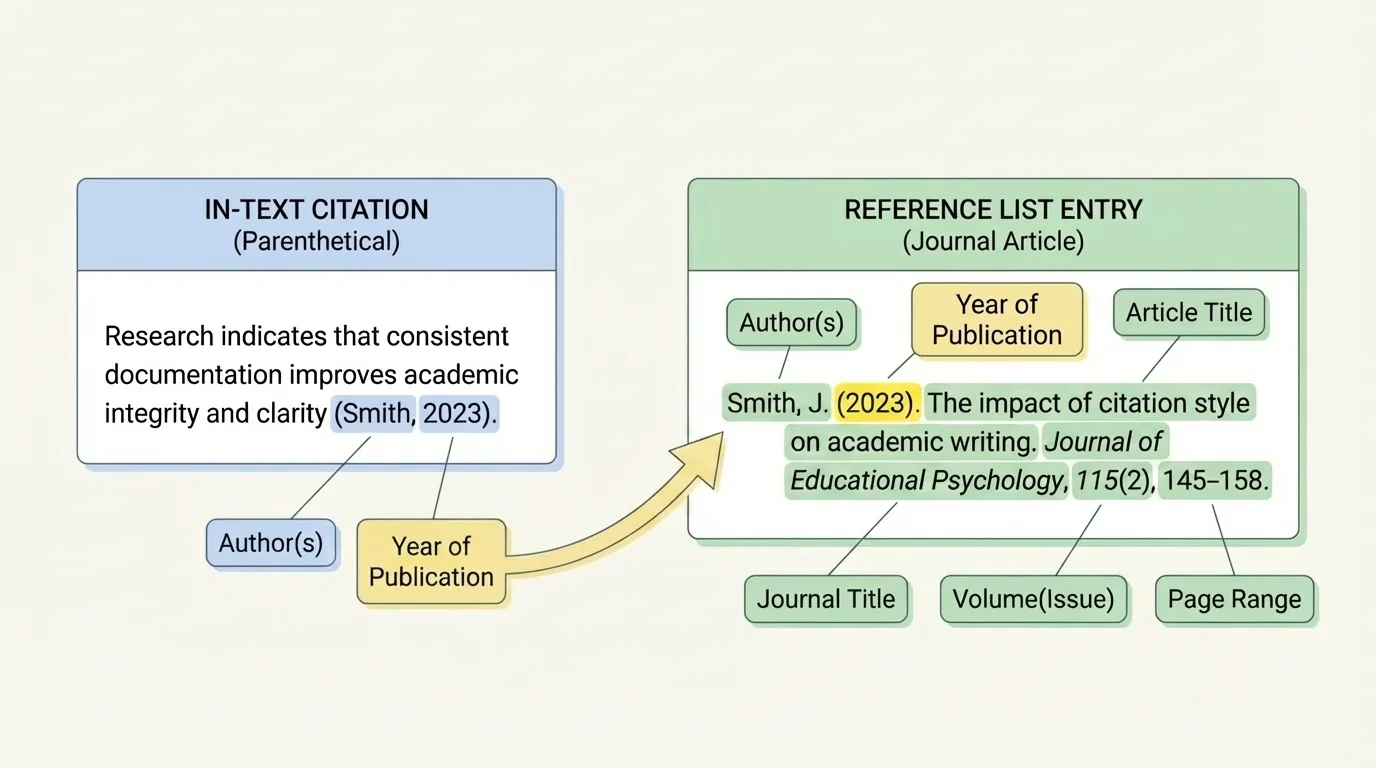 labeled example of an APA parenthetical citation with author and year connected to a full References entry for a journal article, with year highlighted