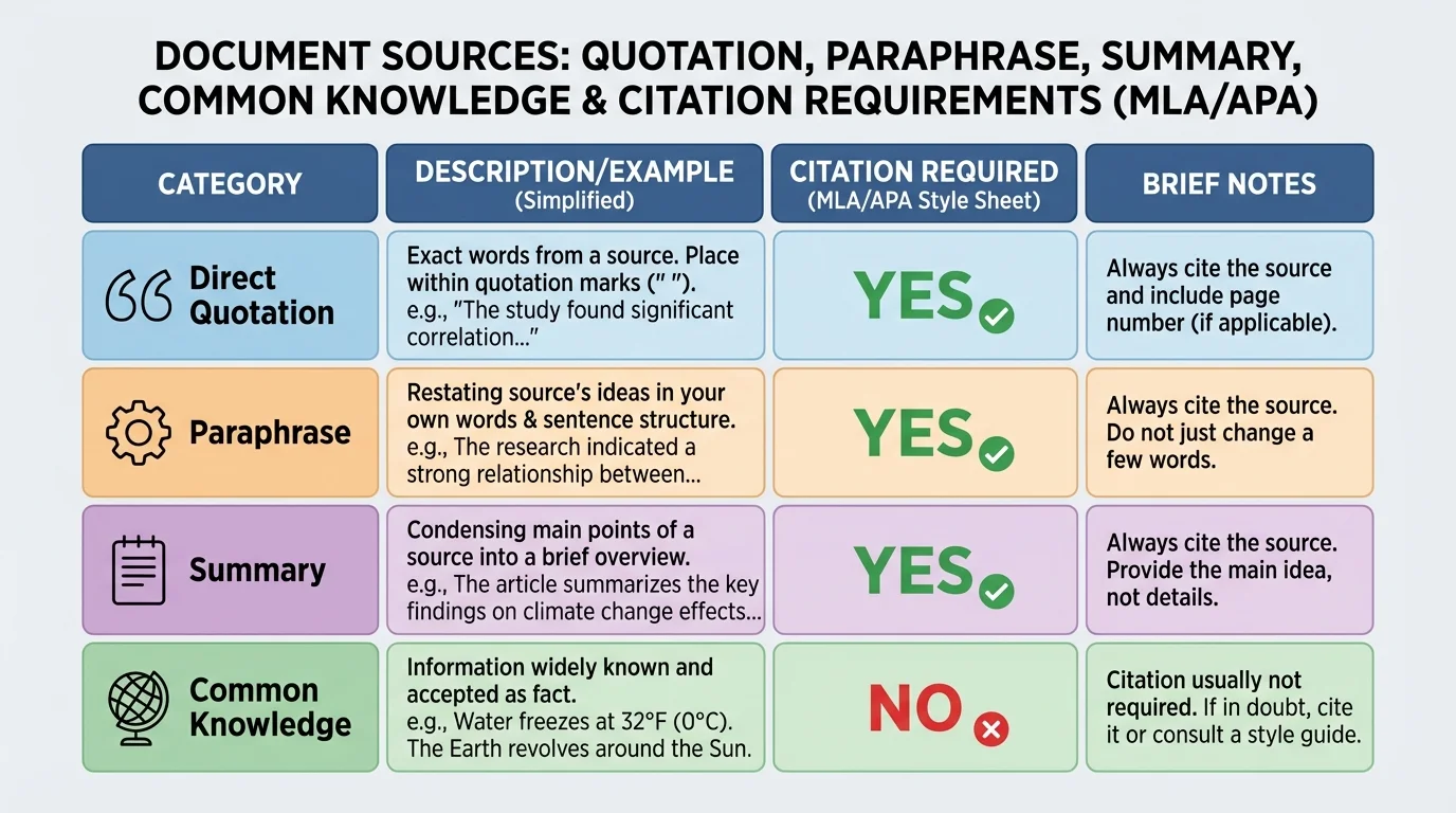 comparison chart of direct quotation, paraphrase, summary, and common knowledge with brief notes on whether citation is required
