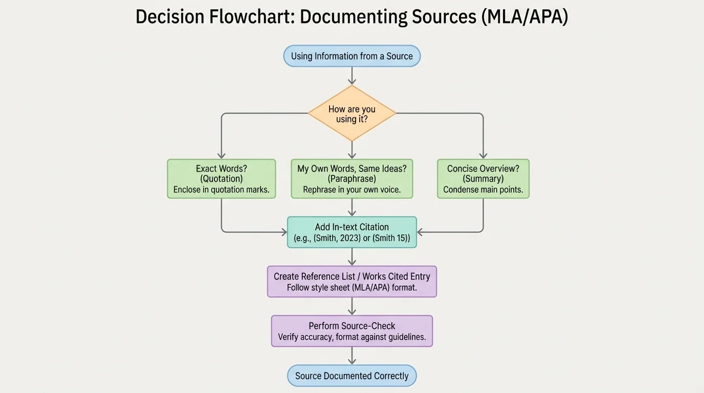 decision flowchart for using a quotation, paraphrase, or summary, ending with citation and source-check steps