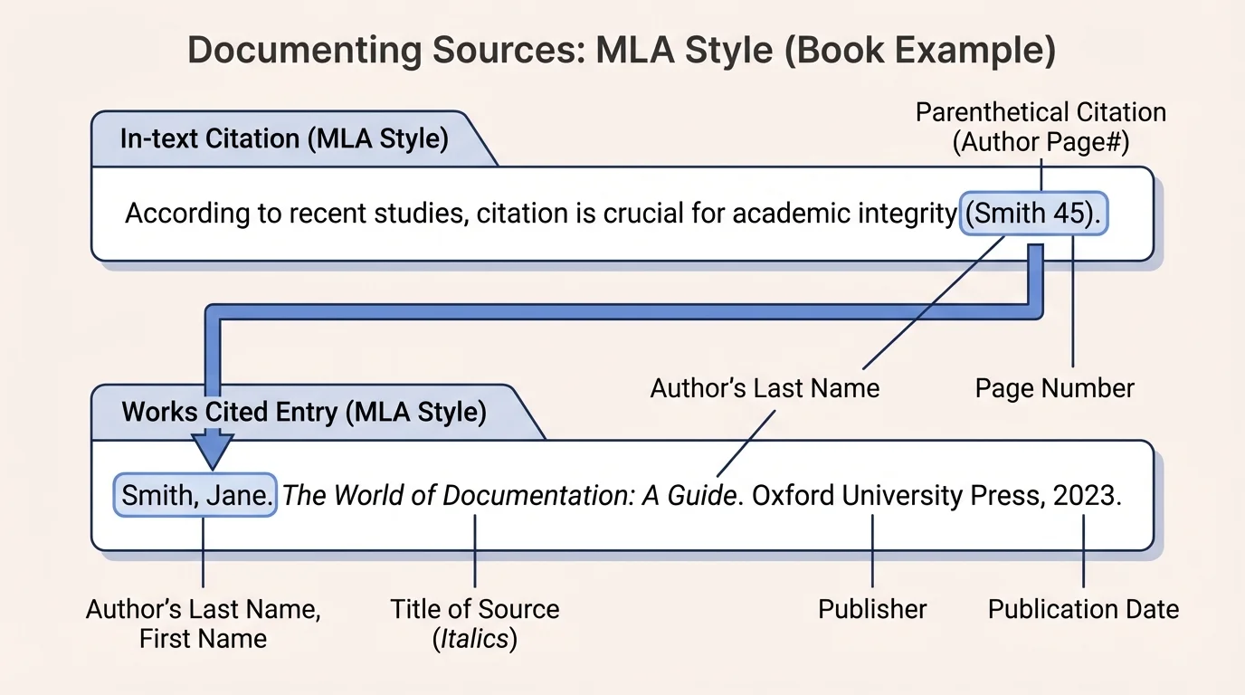 labeled example of an MLA parenthetical citation connected by author name to a full Works Cited entry for a book