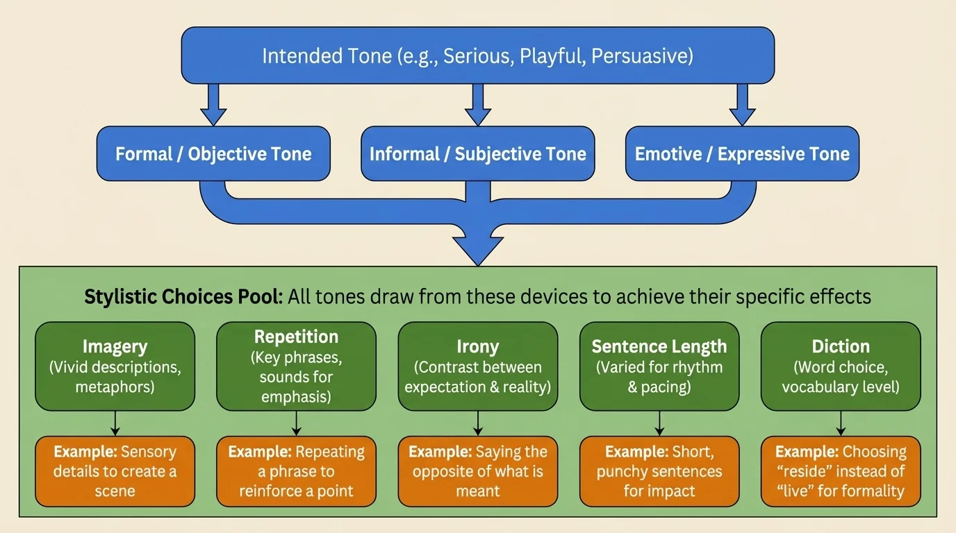 Flowchart linking intended tone to stylistic choices such as imagery, repetition, irony, sentence length, and diction