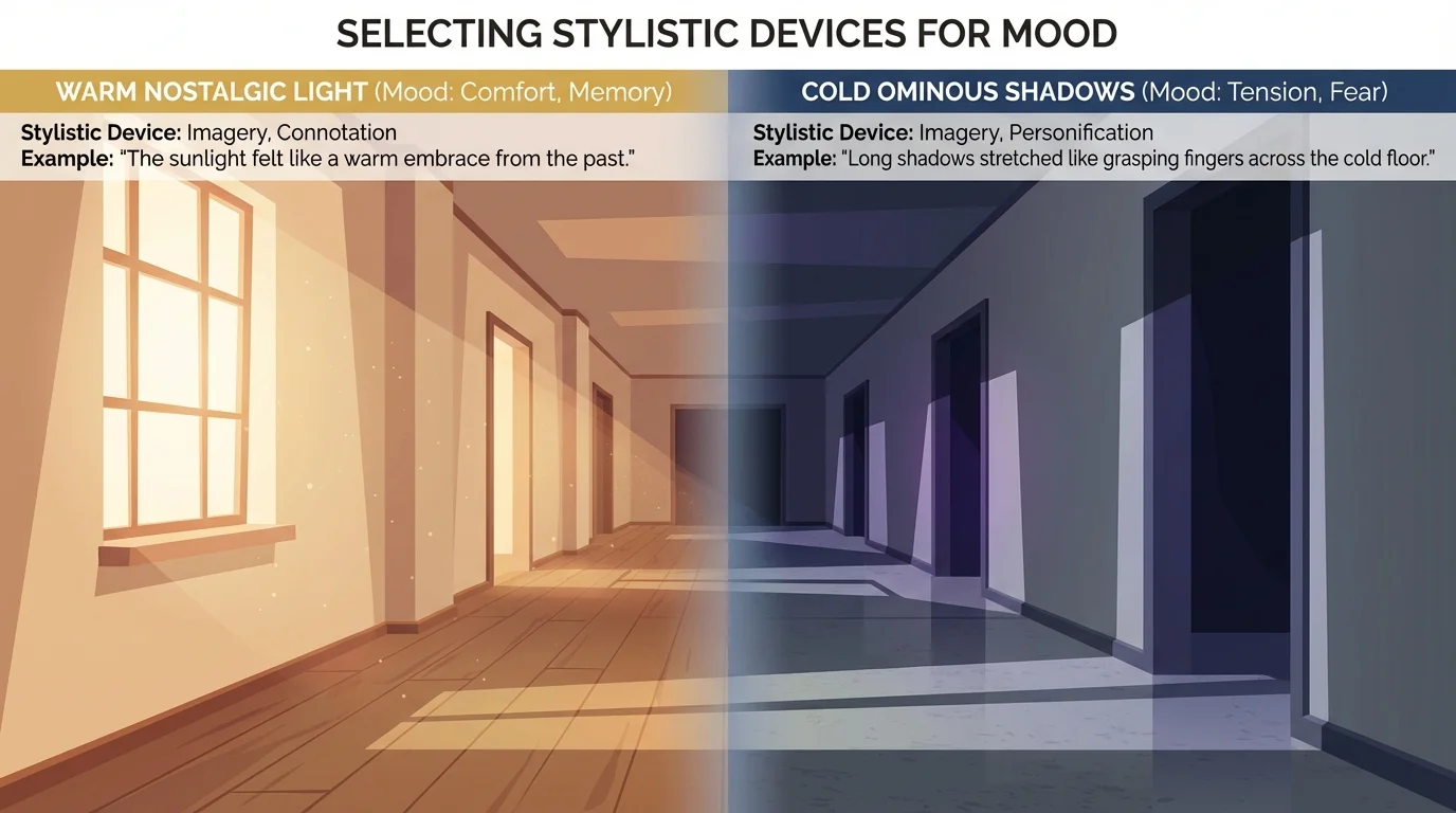 Illustration of the same empty hallway shown in two moods: warm nostalgic light on one side and cold ominous shadows on the other