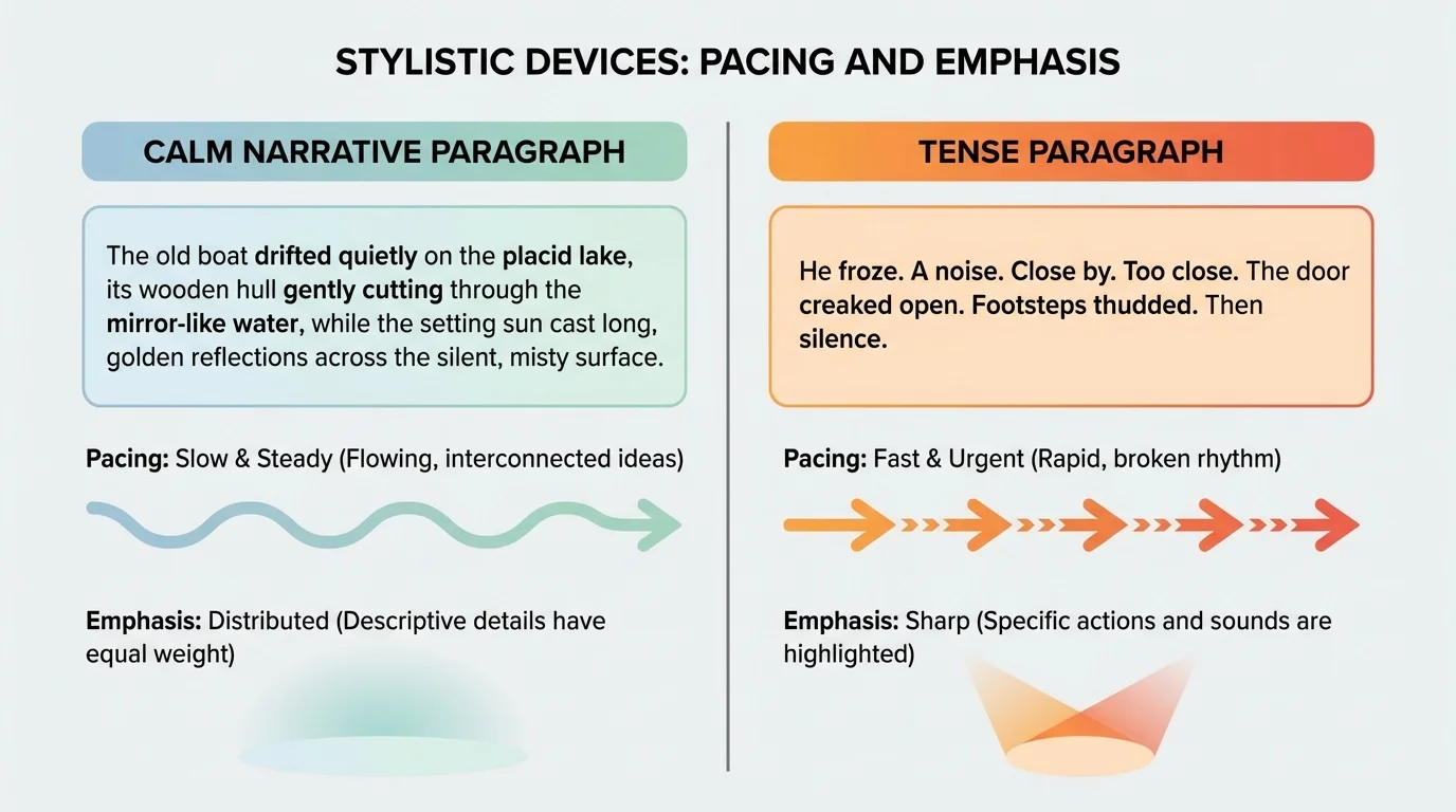 Chart comparing a calm narrative paragraph with long flowing sentences and a tense paragraph with short repeated lines, with notes on pacing and emphasis