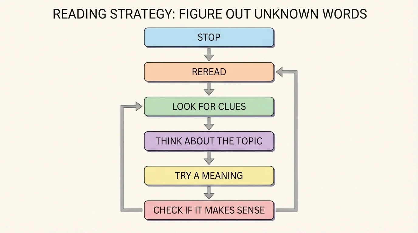 reading strategy flowchart with boxes Stop, Reread, Look for clues, Think about the topic, Try a meaning, Check if it makes sense