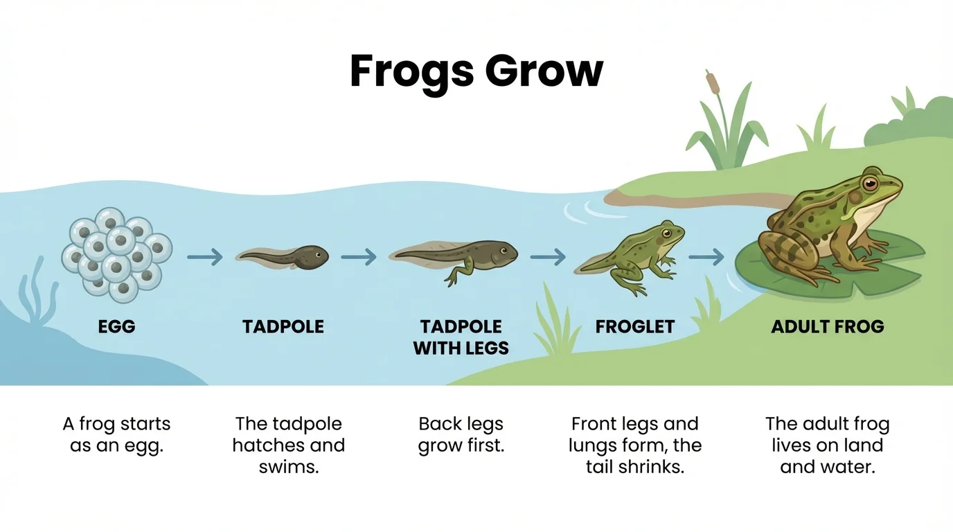 informational page with heading 'Frogs Grow', picture sequence of tadpole to frog, and short captions labeling each growth stage