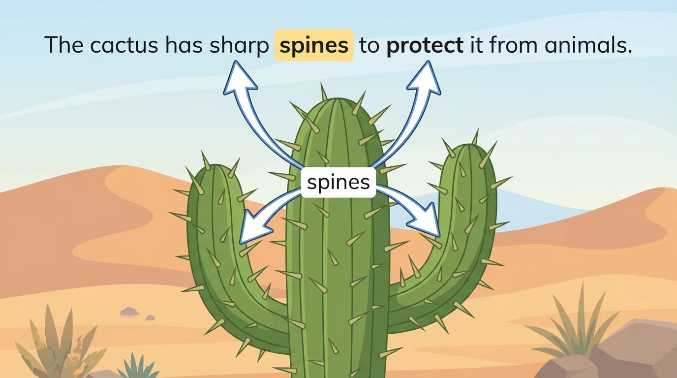 sentence about a cactus in a dry desert with the word 'spines' highlighted and nearby clue words 'sharp' and 'protect' pointing to the cactus needles