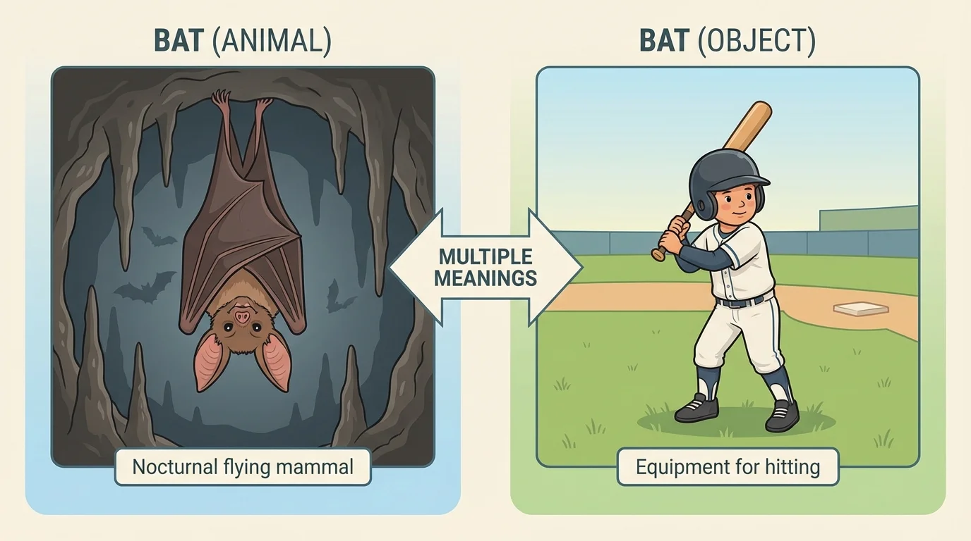 side-by-side scenes of a bat animal hanging in a cave and a child holding a baseball bat at a game, each clearly labeled