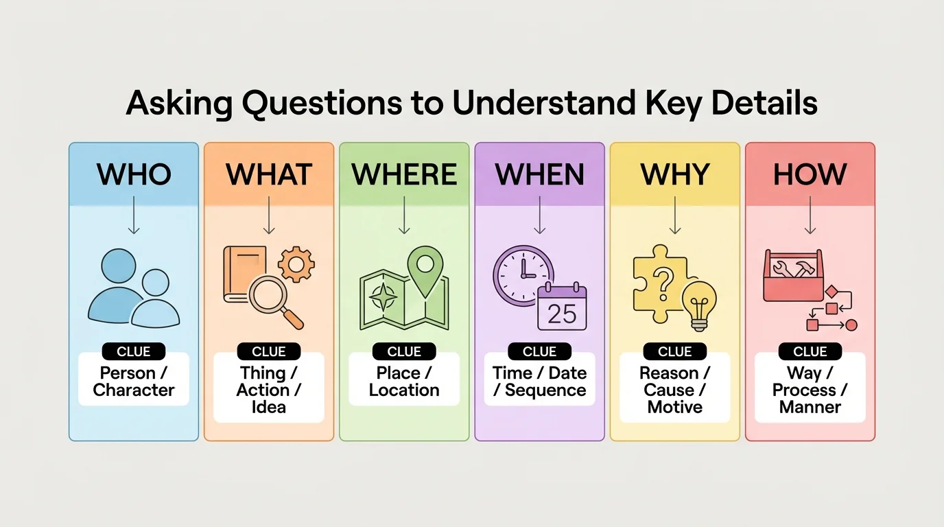 chart with who, what, where, when, why, how and simple matching clue phrases like person, thing, place, time, reason, way