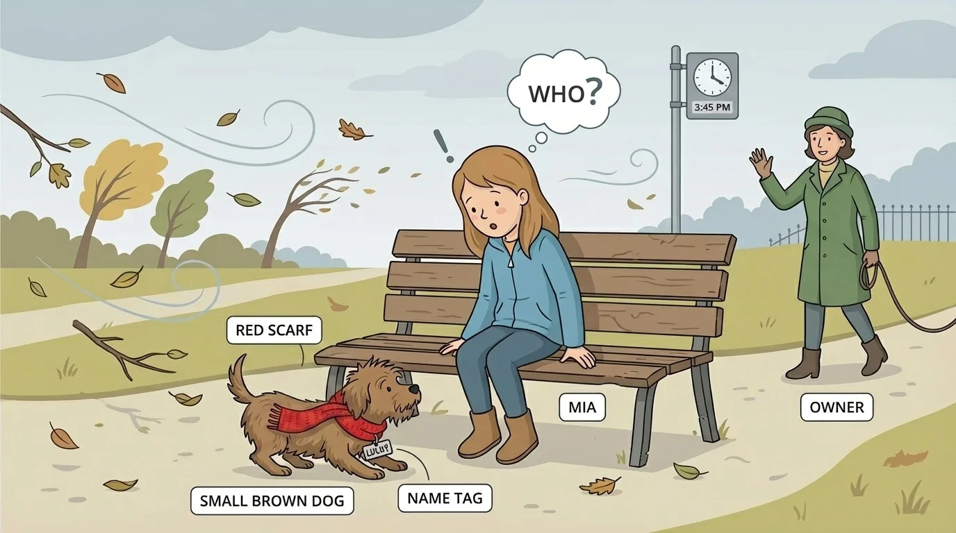 story scene of Mia at a park bench on a windy afternoon finding a small brown dog wearing a red scarf, with visible name tag and owner approaching later