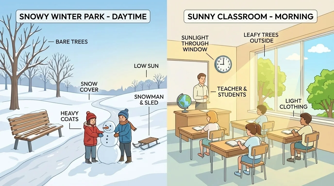 split scene showing a snowy park in winter and a sunny classroom in the morning, with clear background clues for place and time