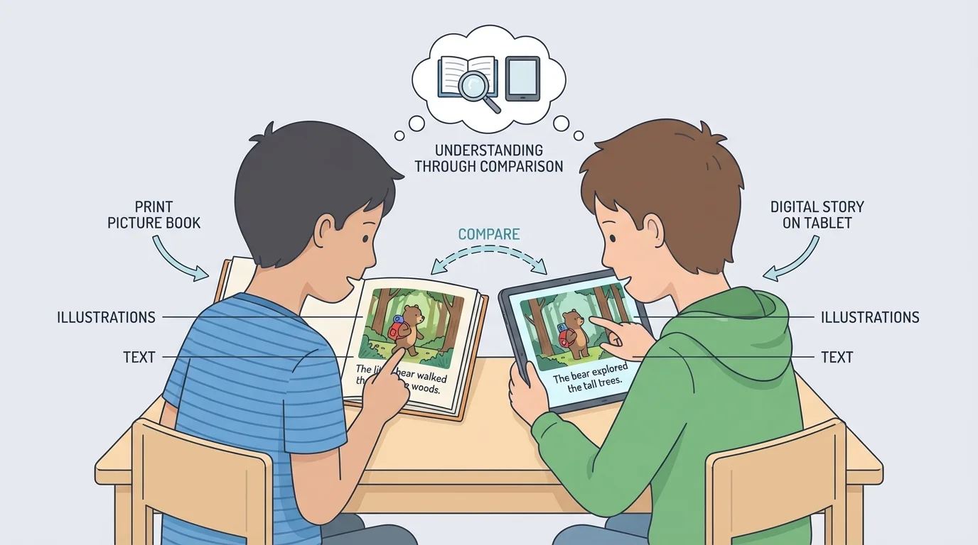 child reading a paper picture book and another child reading a digital story on a tablet, both noticing pictures and text together