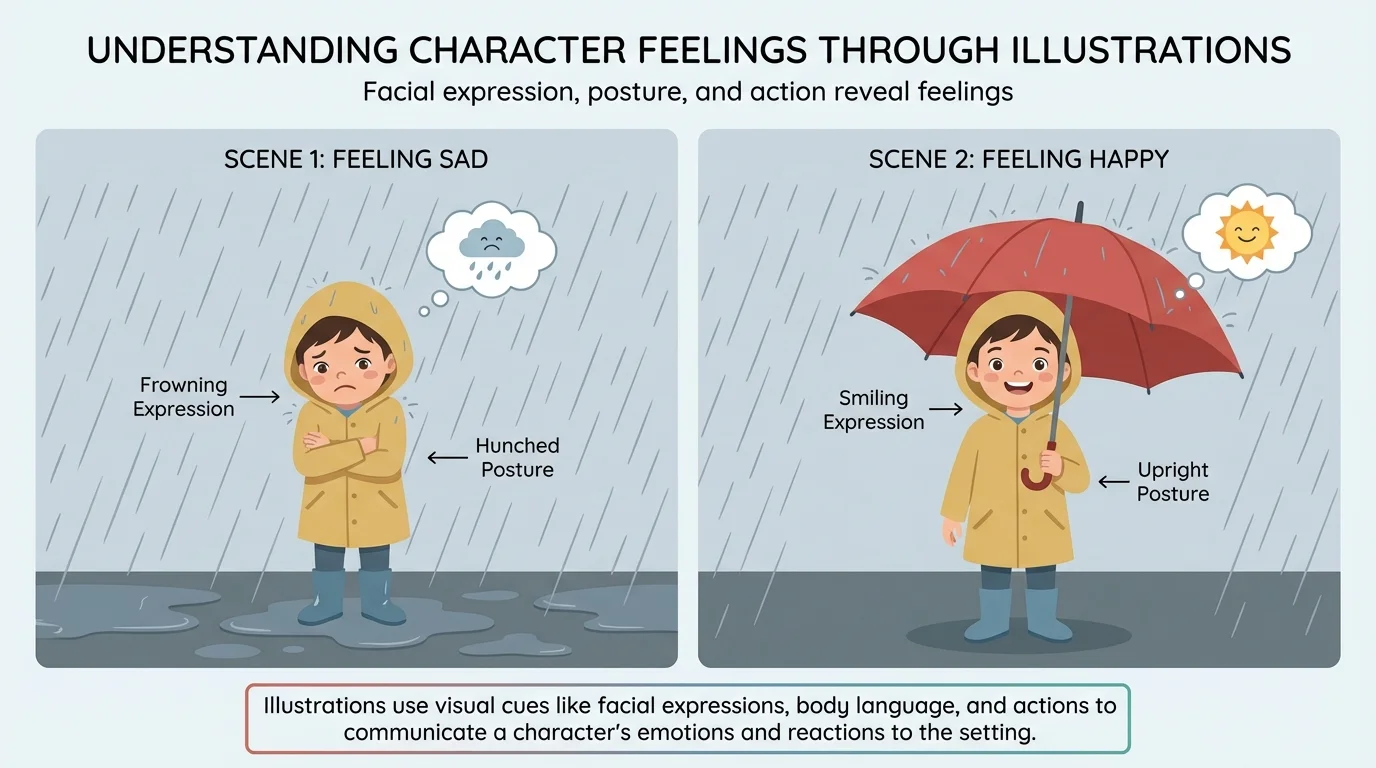 child character standing in rain with a frown in one scene and smiling under an umbrella in another scene, showing how facial expression, body posture, and action reveal feelings